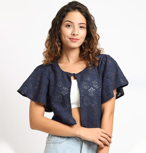 Women Blue Self Design Cotton Button Shrug
